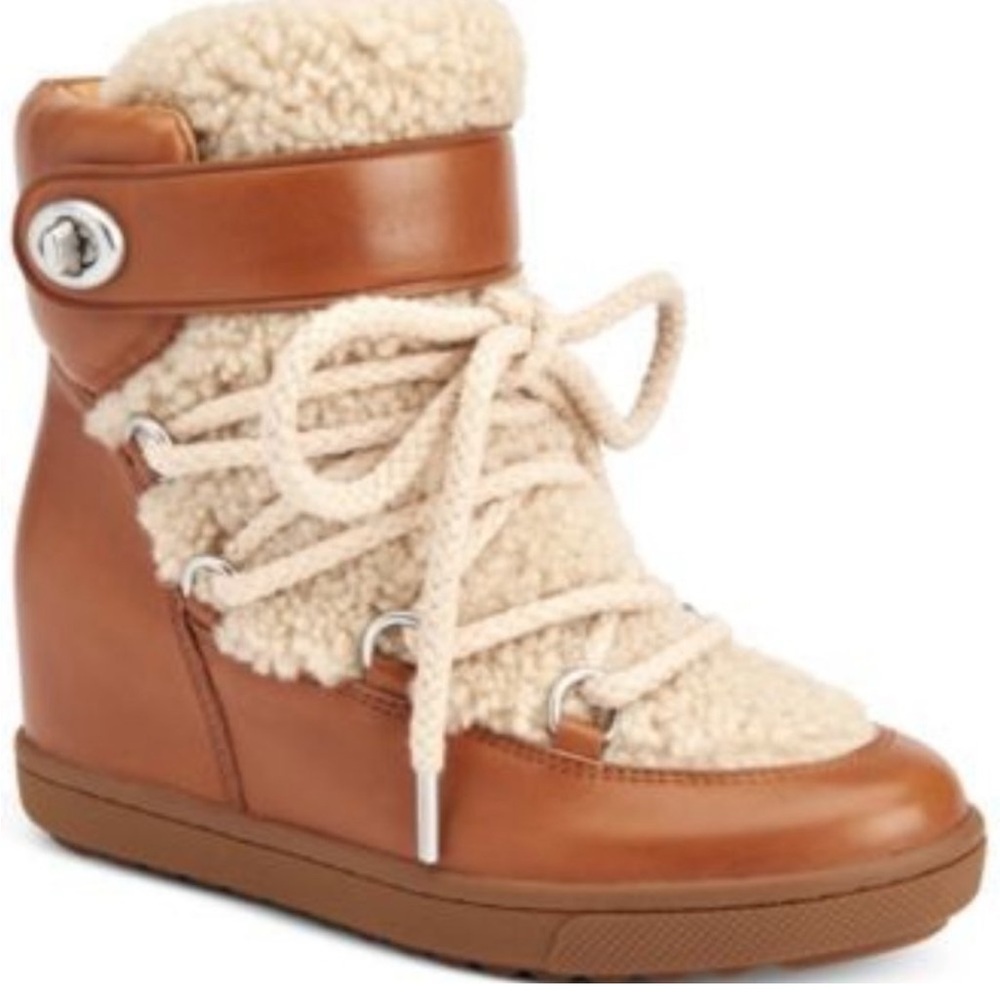 Coach Monroe Leather Shearling Saddle Boots Lace Up Tan Snow Size 9.5 NEW
